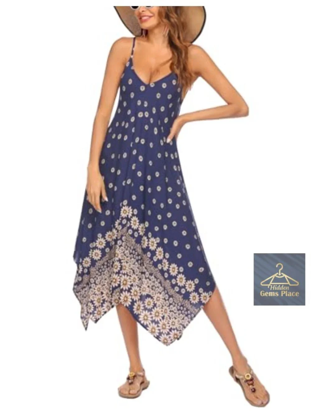 Flowy Spaghetti Strap Midi Cover Up Dress with V-Neck & High-Low Hem